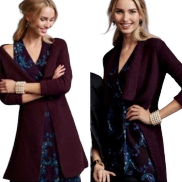 CAbi Cardigan Sweater Regal Button Front Duster Length Mulberry Burgundy Medium